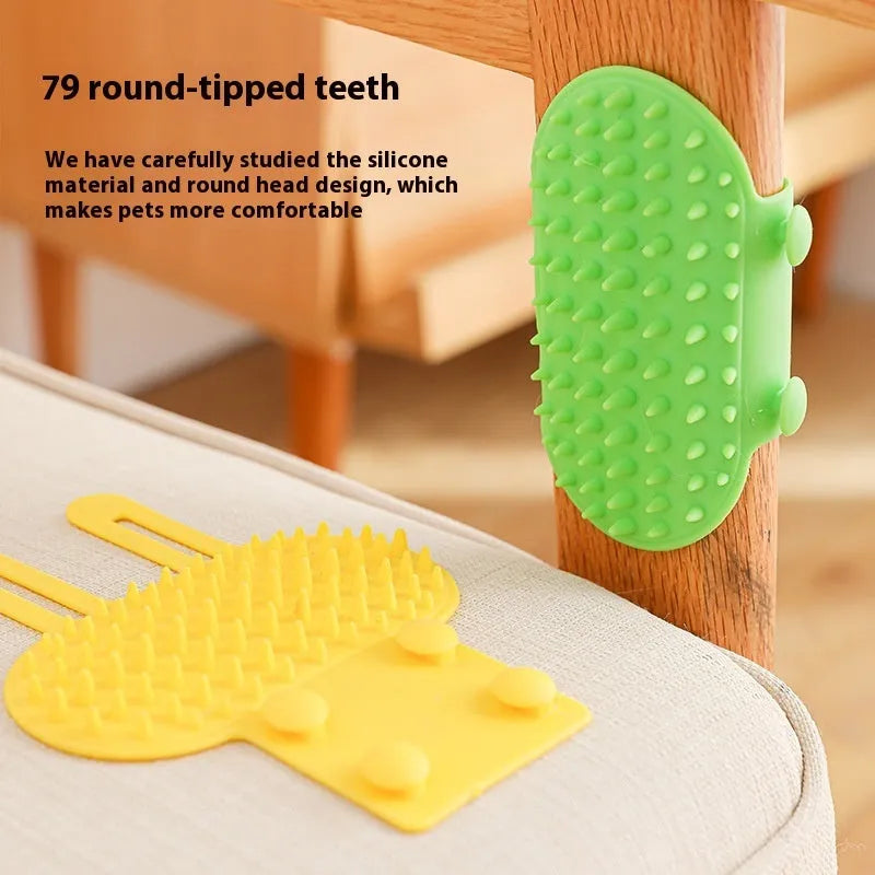 Silicone self-cleaning cat grooming comb with adjustable strap in four colours