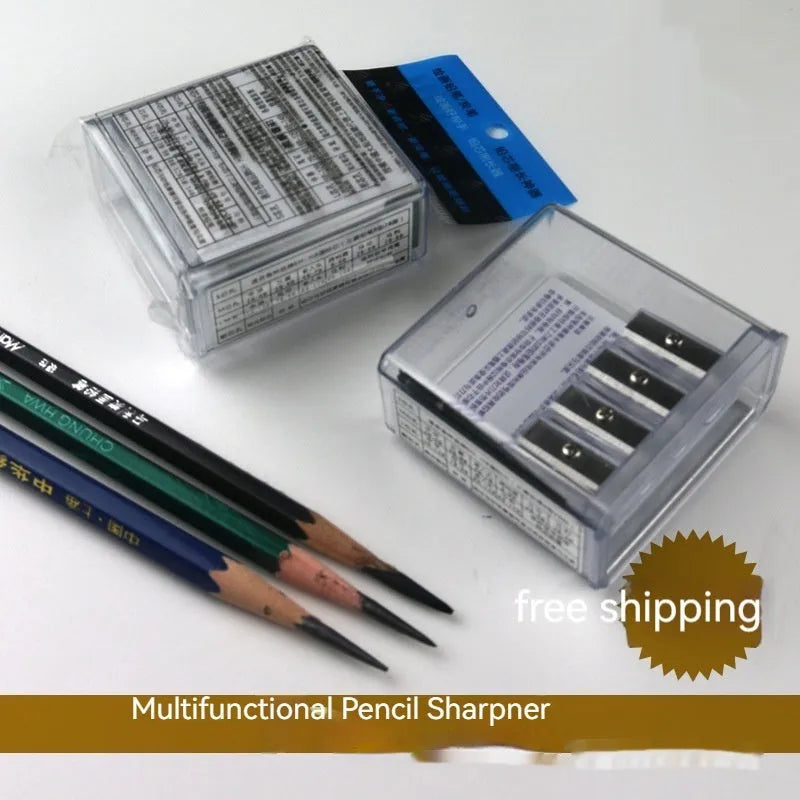 Geometric plastic pencil sharpener with four sharpening holes and maintenance screwdriver