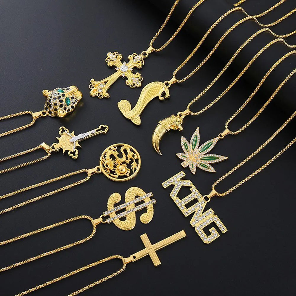 Geometric gold pendant necklace with diamond-cut zircon detailing on alloy material