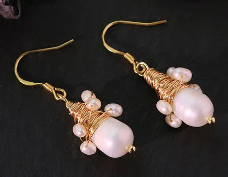 Handmade natural pearl wire-wrapped earrings geometric design white colour for women