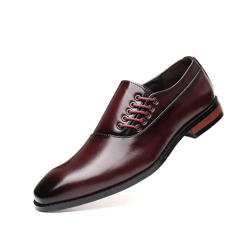 Japanese square toe large size men's lace-up shoes in black with leather stitching and rubber sole