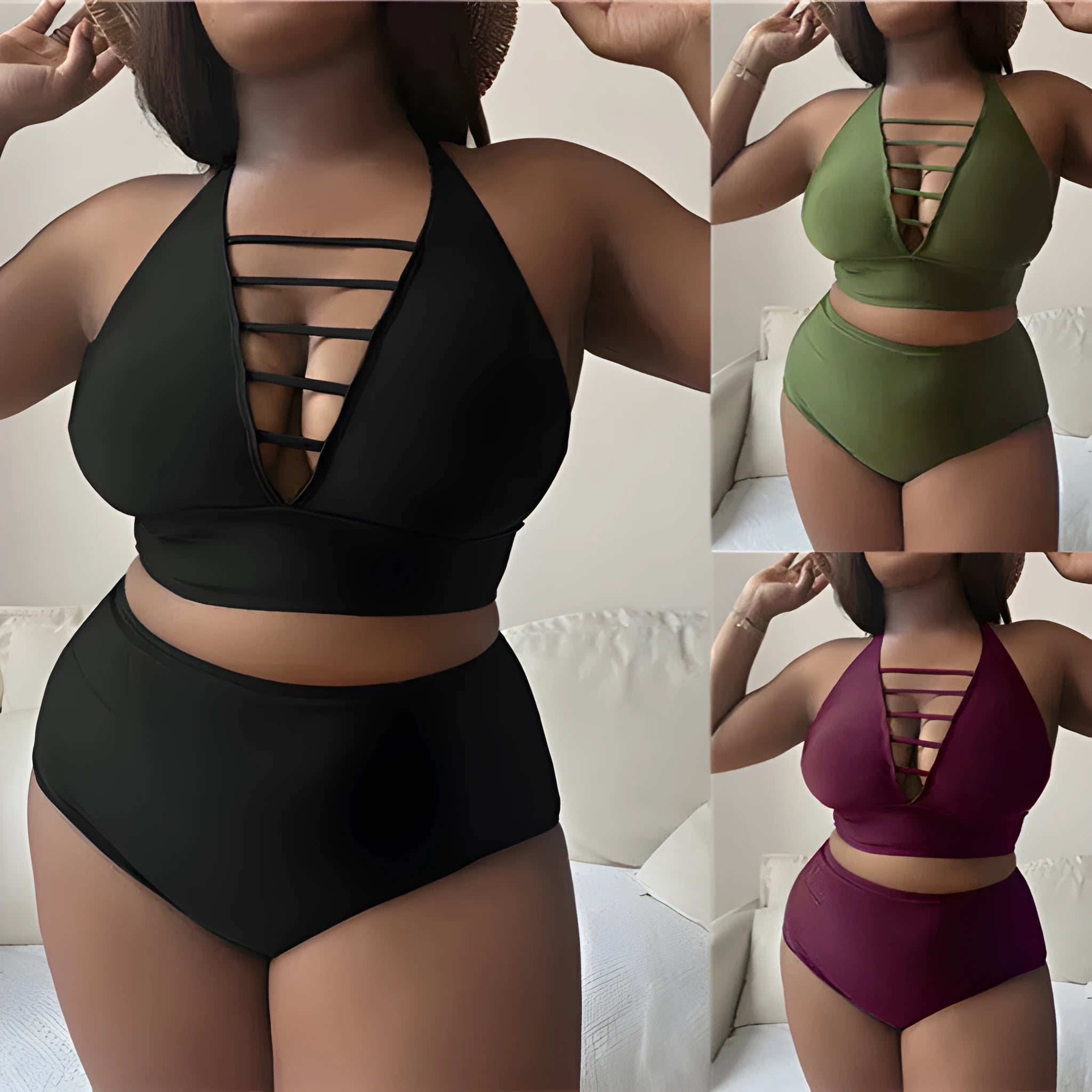 Plus size women's black bikini with adjustable halter top and high waist briefs