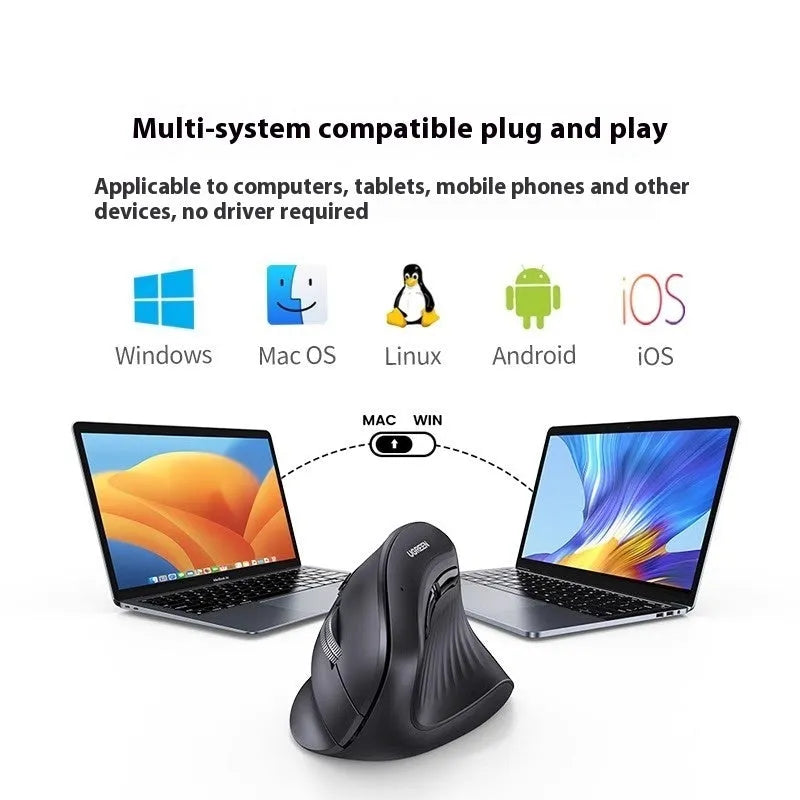 Black ergonomic vertical wireless mouse with dual-mode 2.4G and Bluetooth 5.0, adjustable DPI, mute click