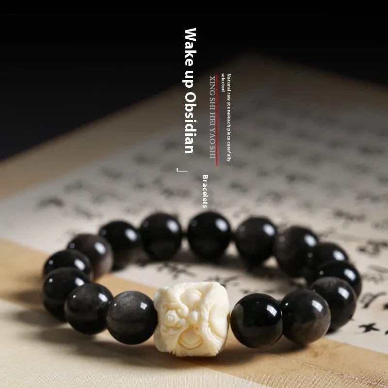 Obsidian Xingshi single circle prayer beads bracelet with chamfered square grain detailing
