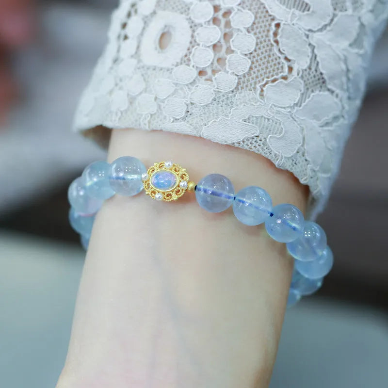 Aquamarine Chinese style Fengjiu DIY bracelet with pearl and pink crystal clip for women.
