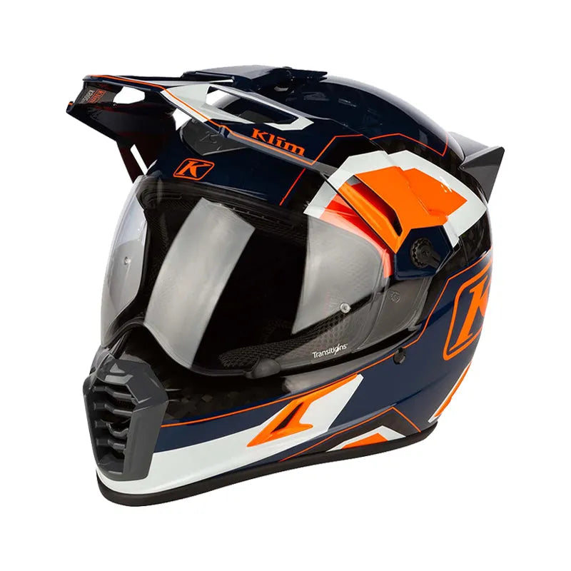 Rally Orange full-face off-road motorcycle helmet with carbon fibre shell and colour-changing lens size S