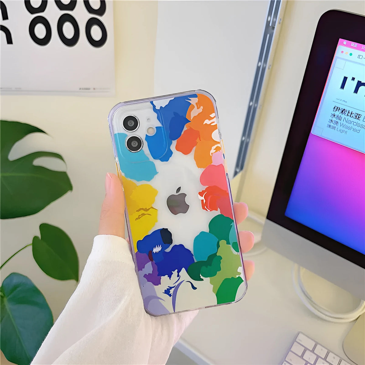 TPU back cover for iPhone 12 with camouflage pattern showing precise cutouts for camera and ports