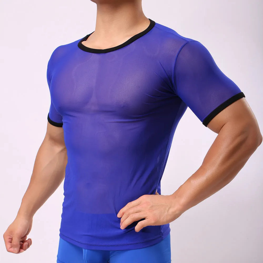 Men's slim fit mesh t-shirt in solid colour on a hanger, showing short sleeves and pullover style.