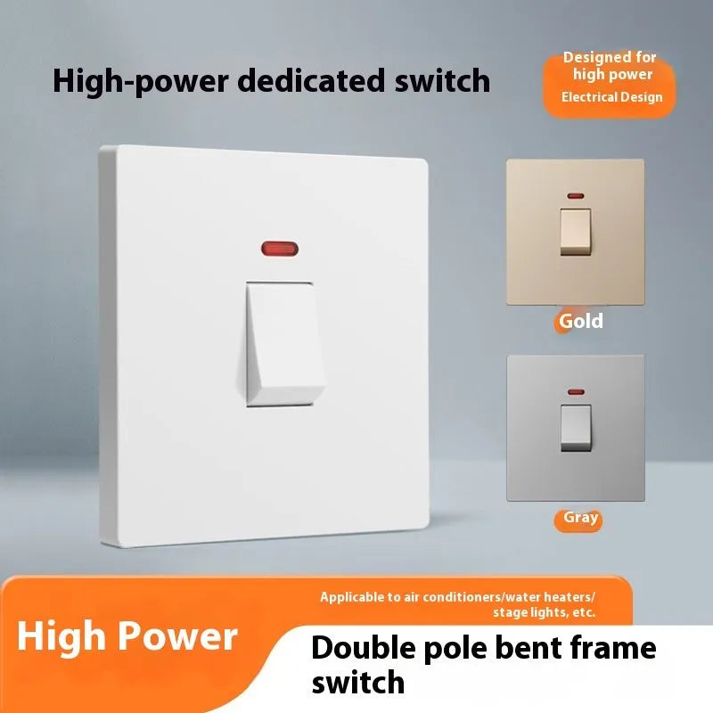Double-pole illuminated electrical switch in gold, grey or white for water heater and air conditioner circuits