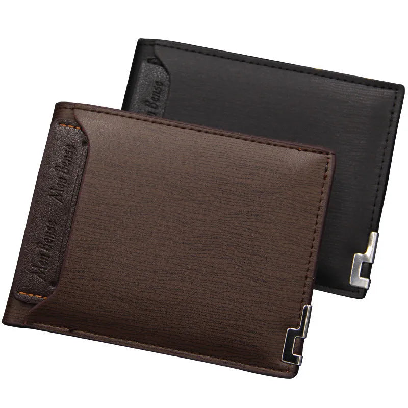 Men's black iron-edge card-picking wallet showing card slots and cash compartment.