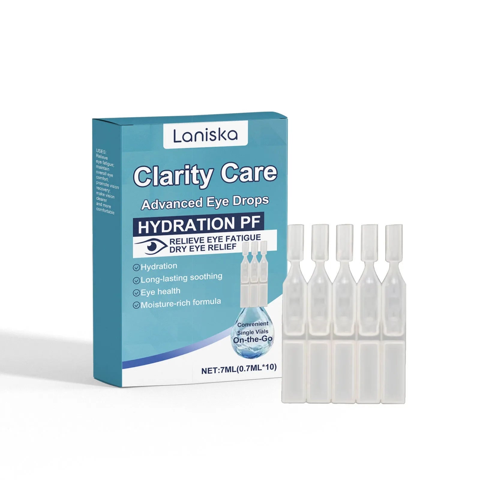 Bottle of moisturising eye drops with mint leaf and sodium hyaluronate for gentle eye care