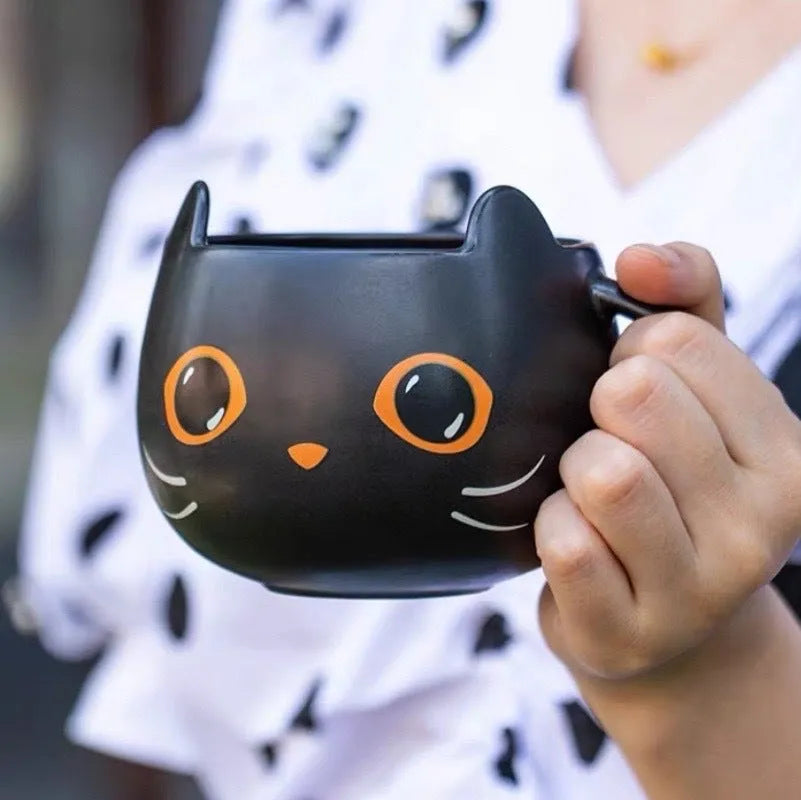 Black ceramic cat-shaped mug with pumpkin-covered spoon lid, 355ml capacity couple gift set