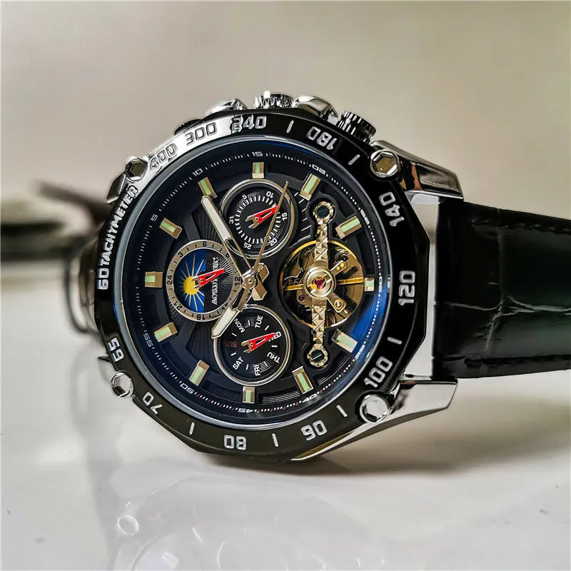 Men's automatic mechanical watch with multifunction display on wrist, showing natural silver case option.