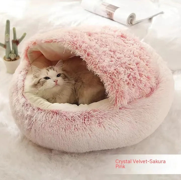 2 in 1 round plush pet bed with PP cotton filling for dogs and cats, available in brown, 65cm size