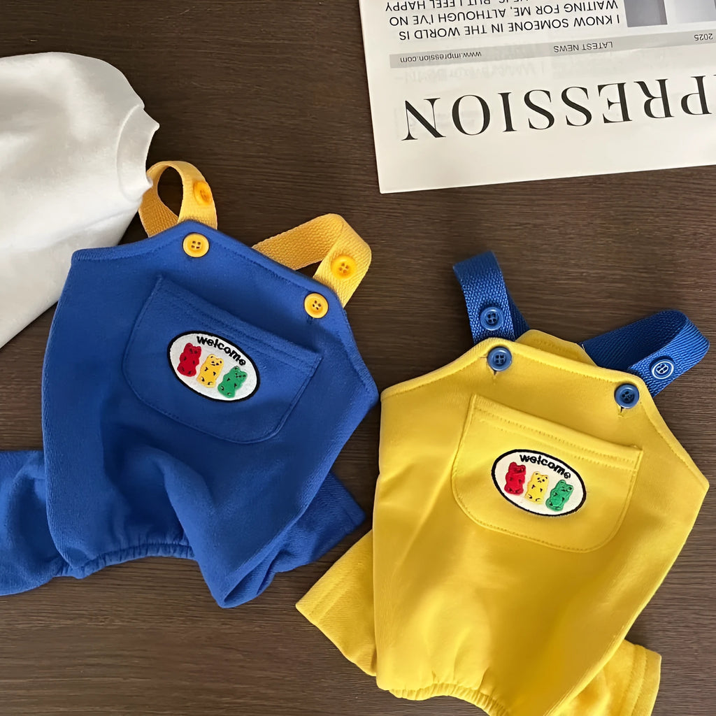 Blue polyester dog overalls on pet, unisex casual style, spring autumn wear