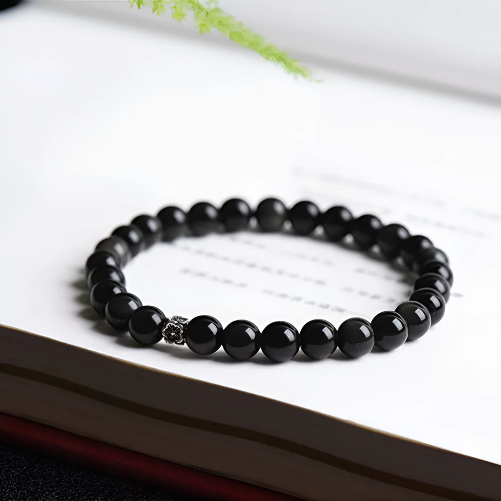 Natural obsidian bracelet with S925 sterling silver dragon phoenix decorations and constellation design on 6mm beads
