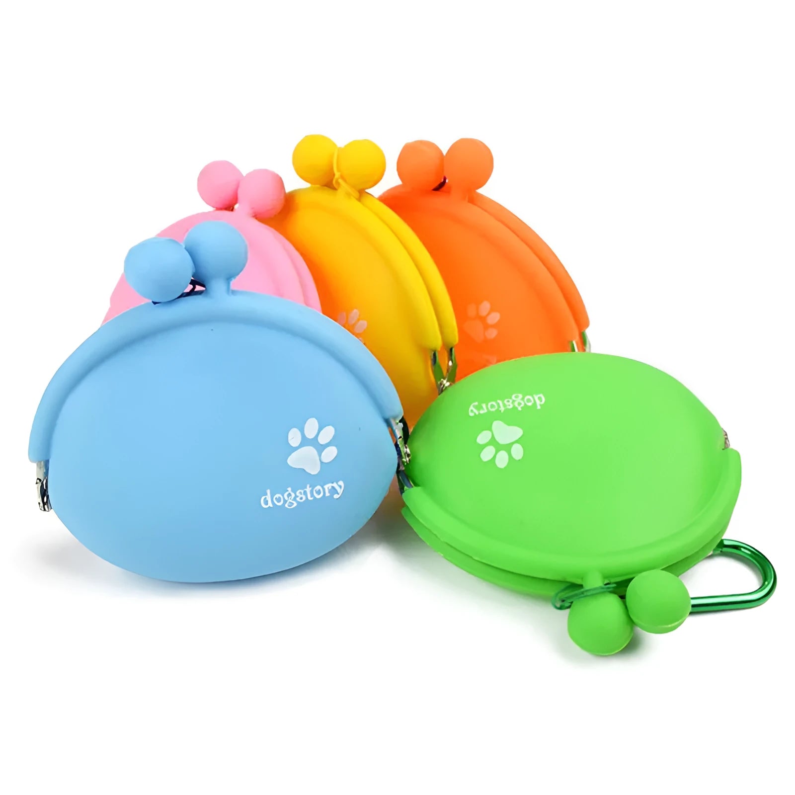 Silicone dog training treat pouch with waist clip in assorted colours on a belt.