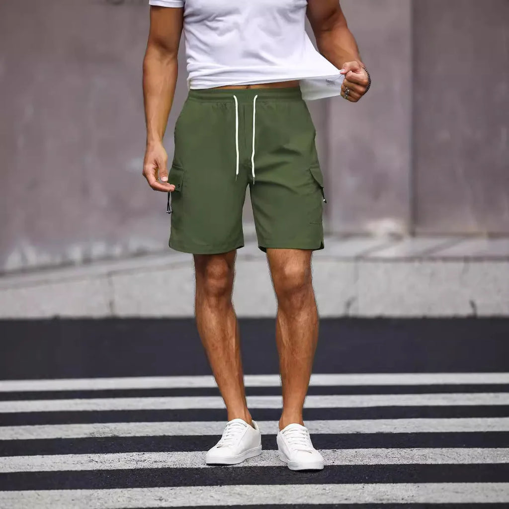 Men's straight-leg workwear shorts in cool silk cotton polyester fabric available in army green and fluorescent green colours