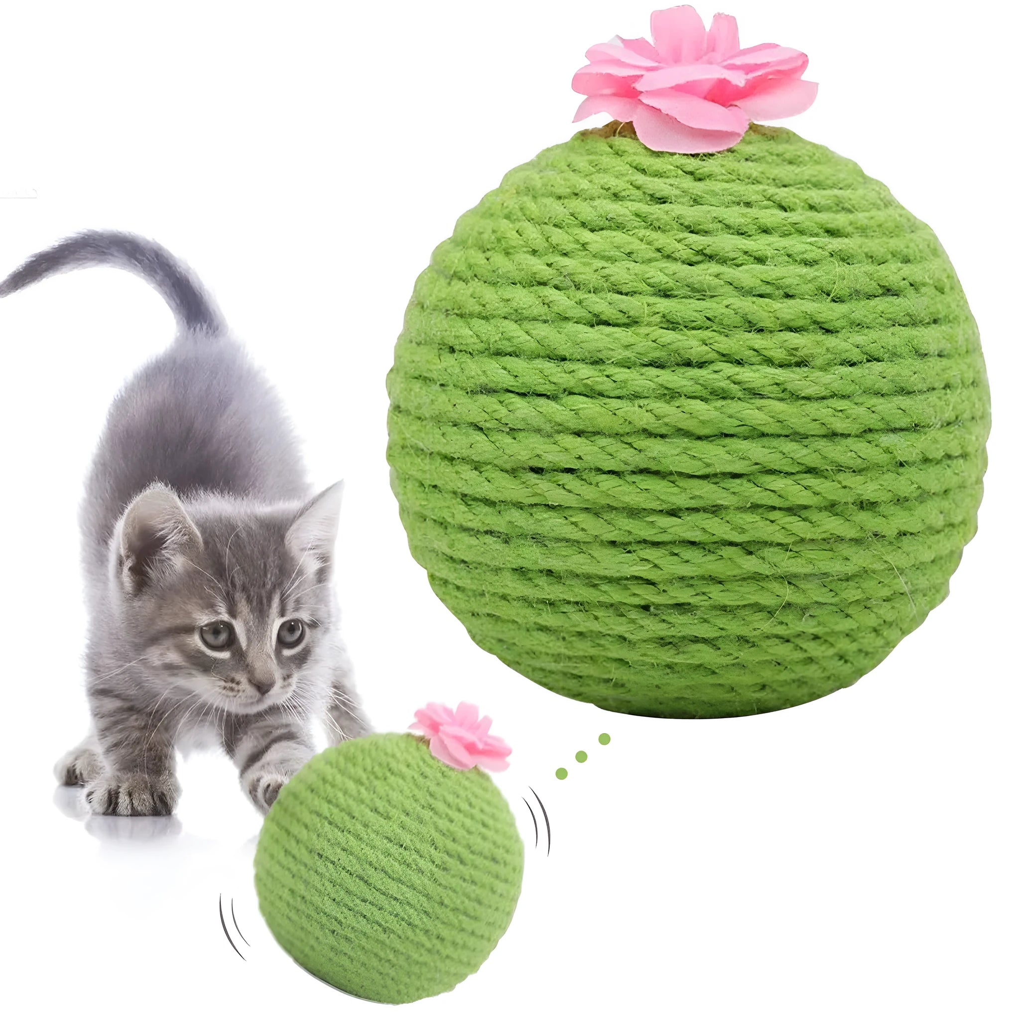 Green cactus-shaped cat scratcher with sisal post, catnip toys, and a tumbler ball on a stable base