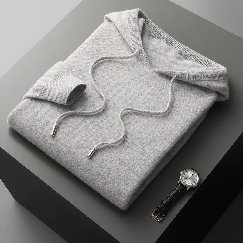 Men's pure wool two-piece set with seamless hoodie and drawstring knitted pants in black, dark grey or light grey