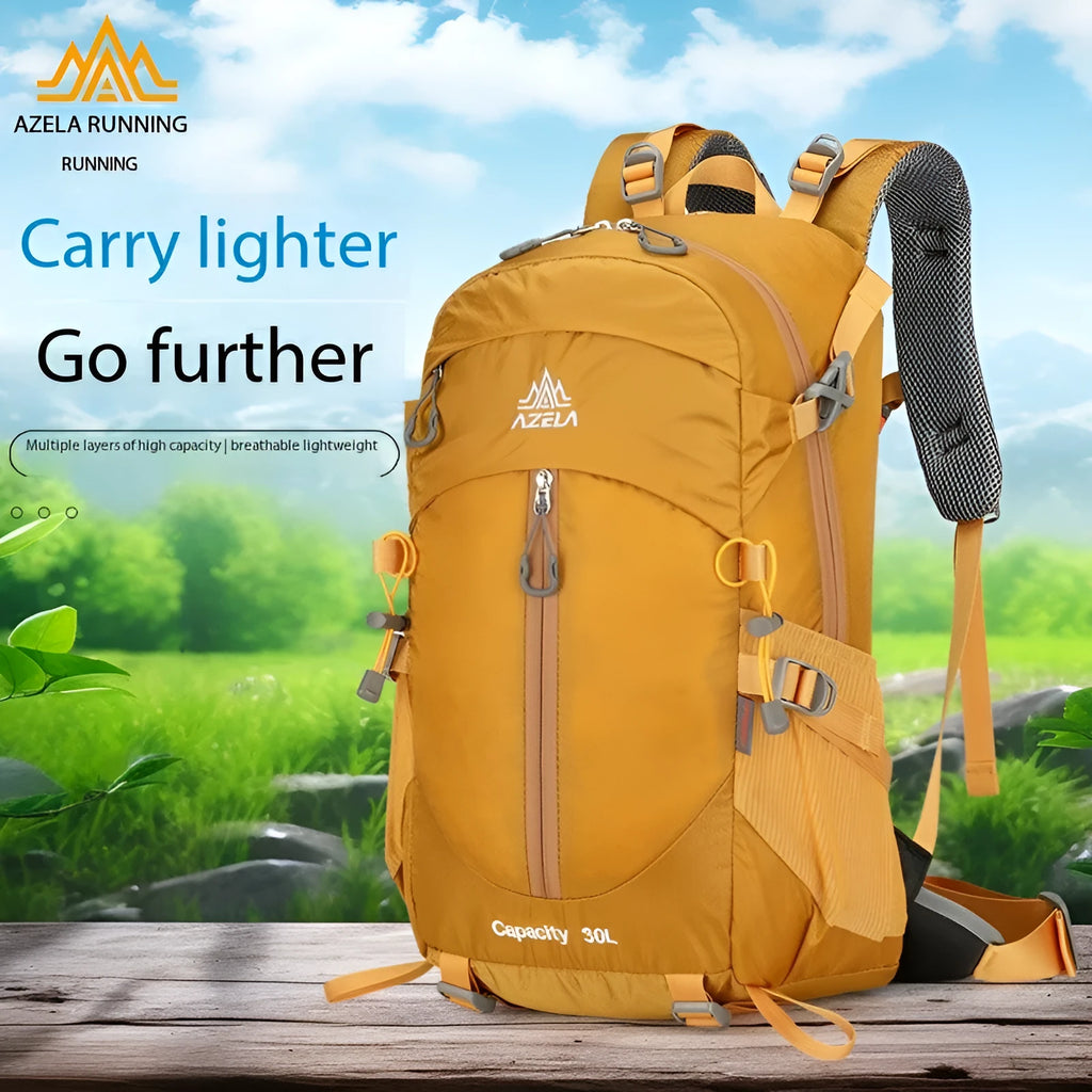 AZELA 30L outdoor hiking backpack with adjustable straps in black, blue, grey, purple, sunset red or yellow