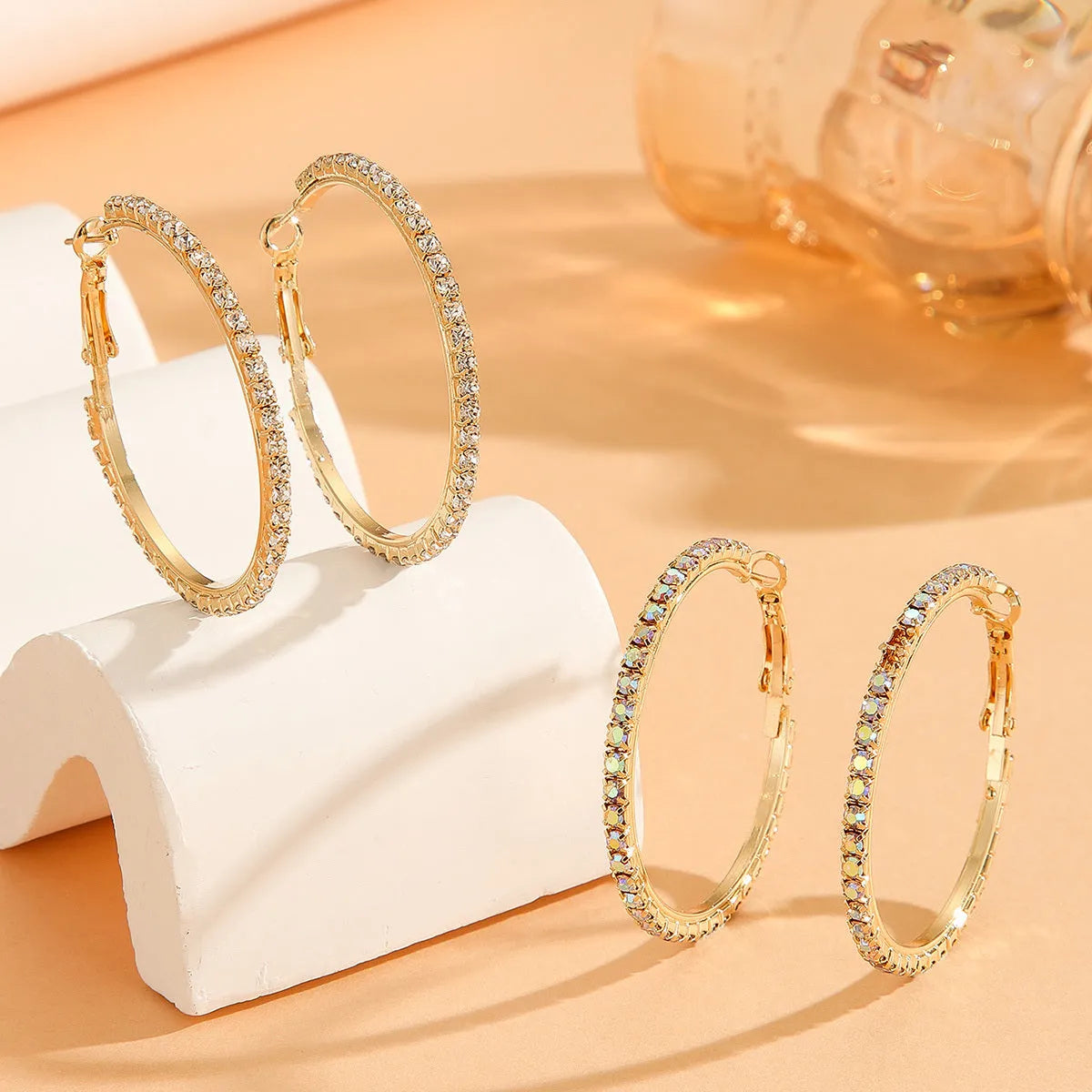Gold plated copper zircon inlaid princess style large earrings for women, gold white colour, 1 pair