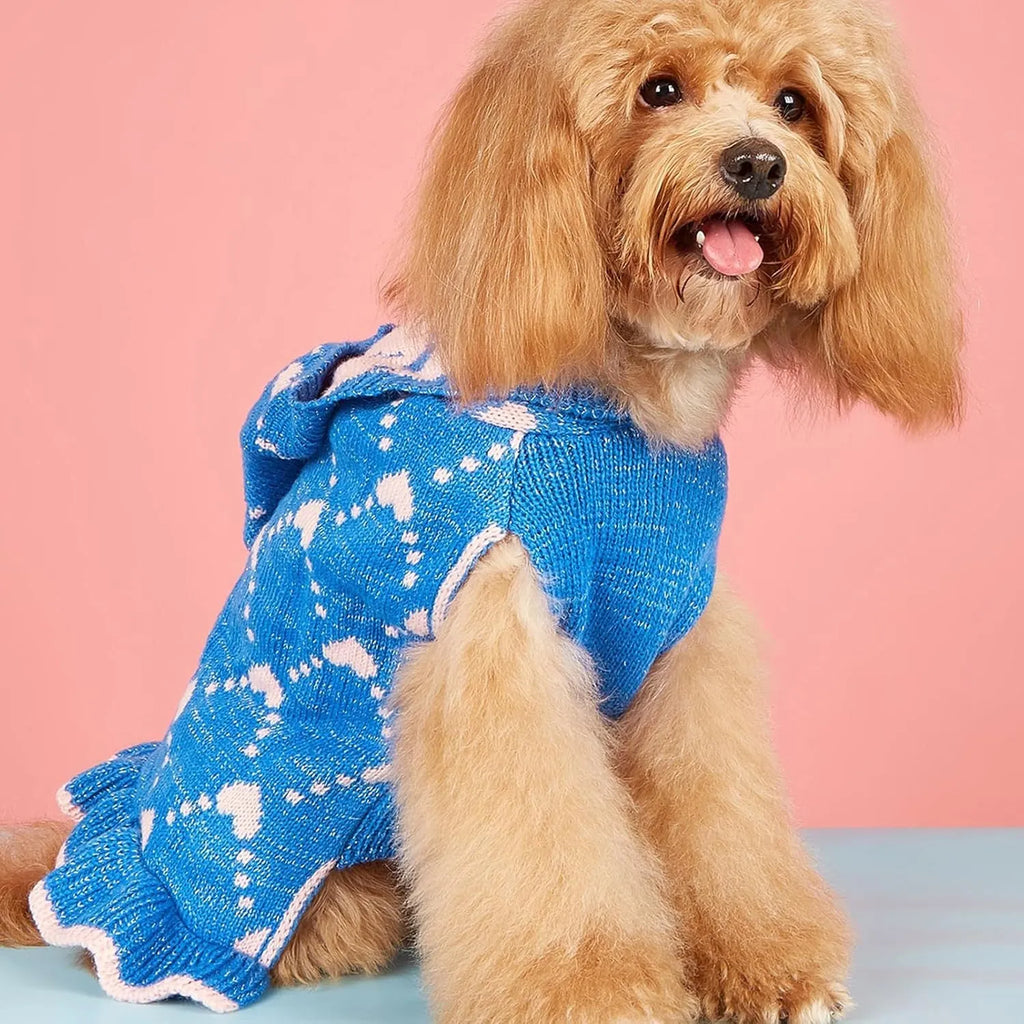 Small dog knit hoodie dress sweater with heart design in blue, gray, pink, or red, sizes XS to L