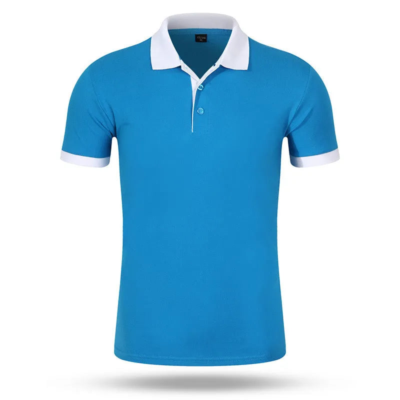 Colour lapel advertising T-shirt for men in a short sleeve, loose fit design on a hanger.