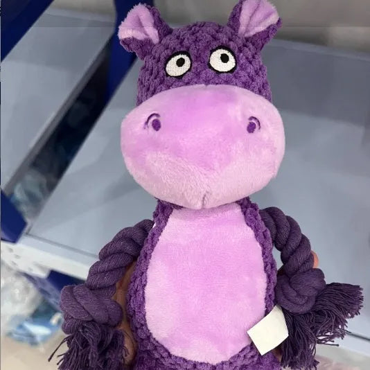 Hippo design plush dog toy with cotton rope and sound feature for interactive tug of war play