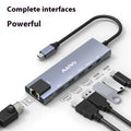 Steam Deck six-in-one USB-C docking station with aluminium shell, showing HDMI, USB 3.0, and RJ45 Ethernet ports.