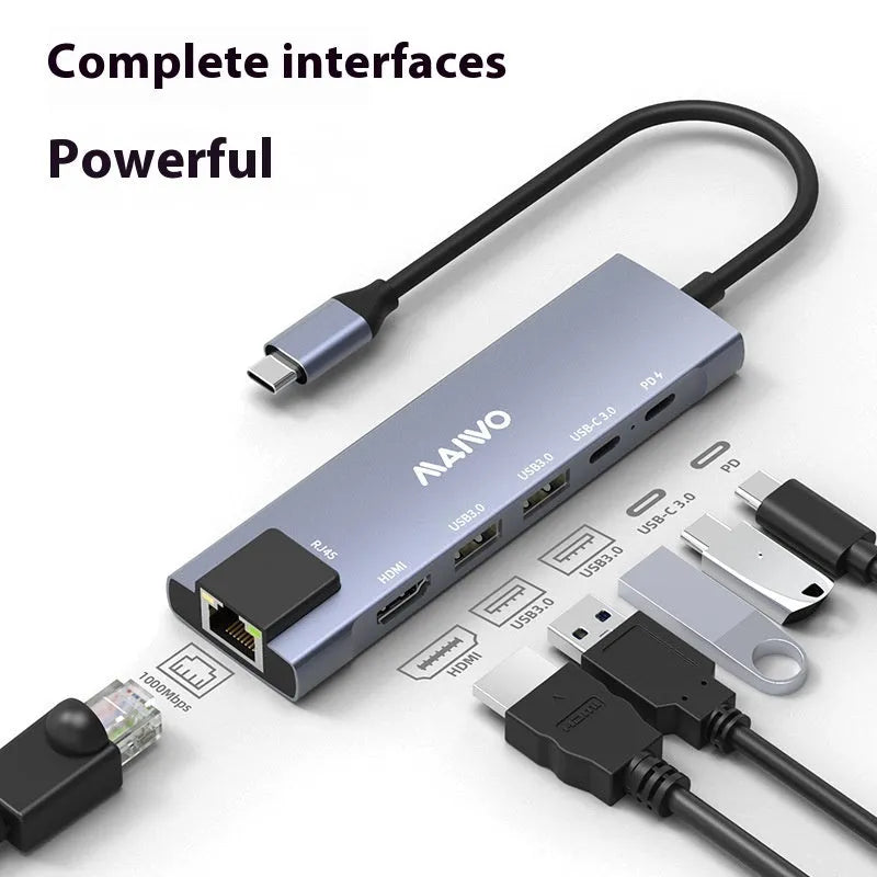 Steam Deck six-in-one USB-C docking station with aluminium shell, showing HDMI, USB 3.0, and RJ45 Ethernet ports.