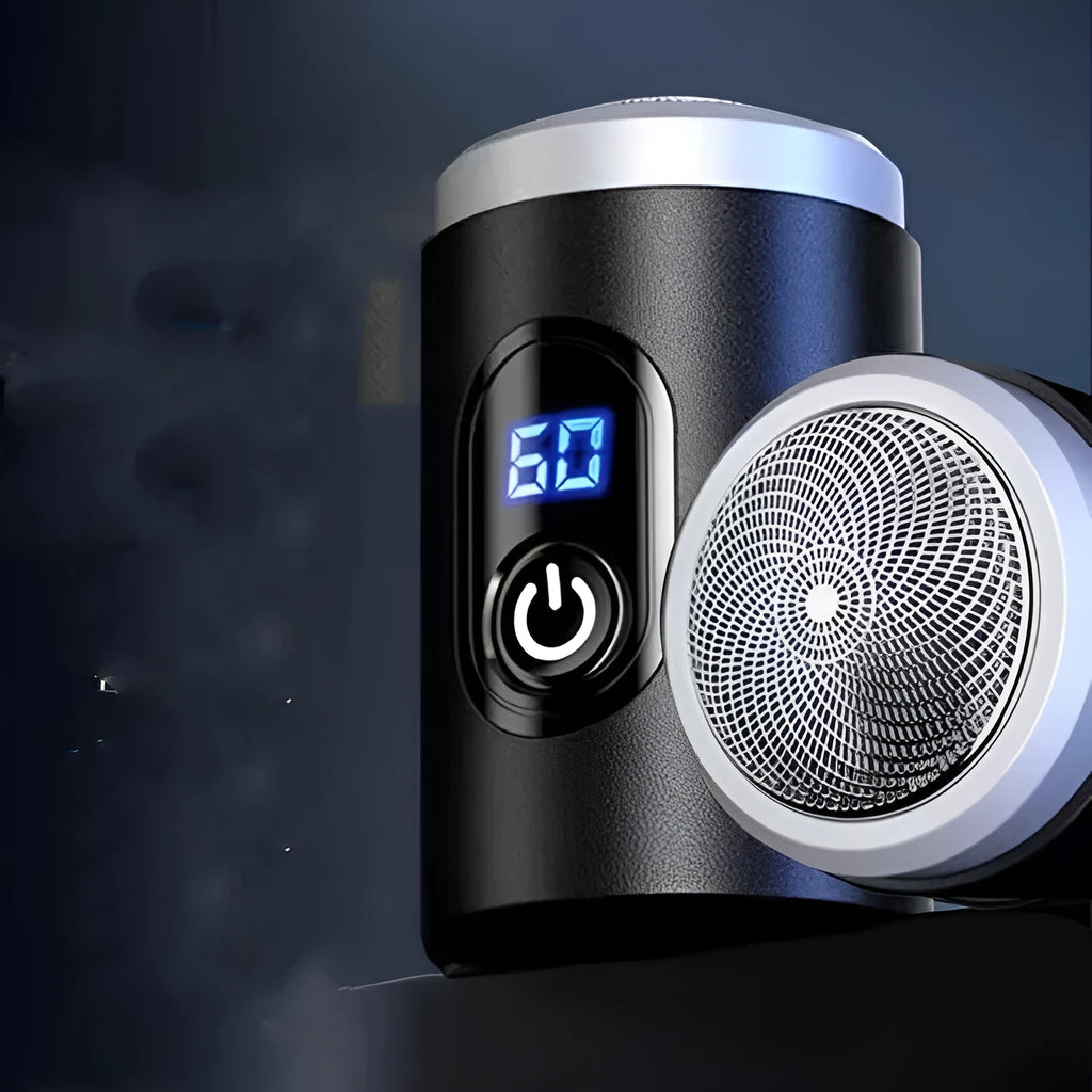 Black portable USB rechargeable shaver with cleaning brush and protective cover on a white background.