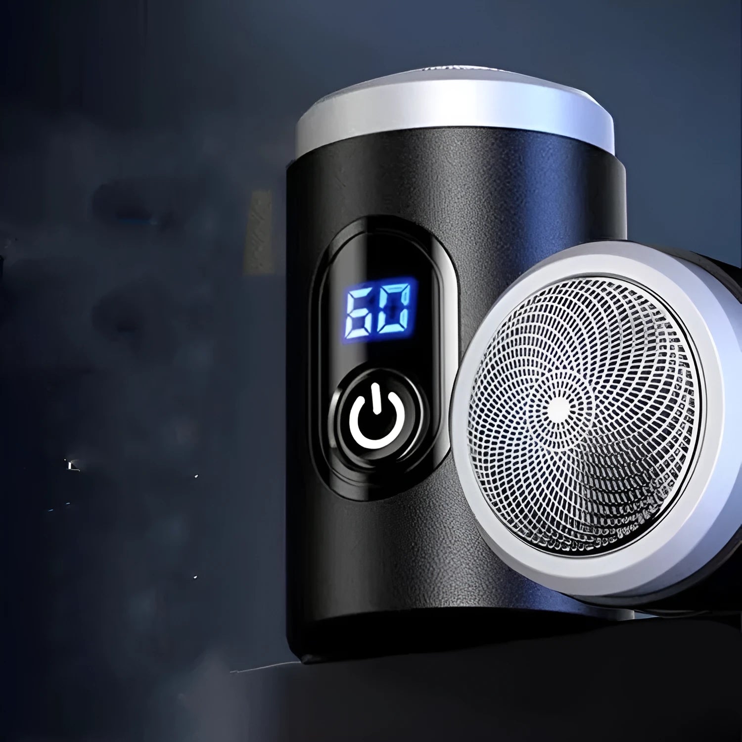 Black portable USB rechargeable shaver with cleaning brush and protective cover on a white background.