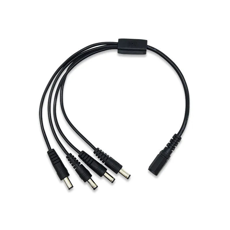 Black 12V DC one-to-four monitoring power splitter cable with 5.5mm connectors for CCTV cameras