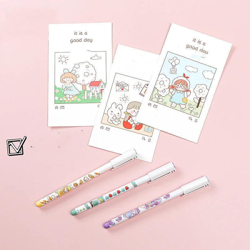 Set of twelve cartoon-themed 0.5mm coloured gel pens for hand accounting and office use.