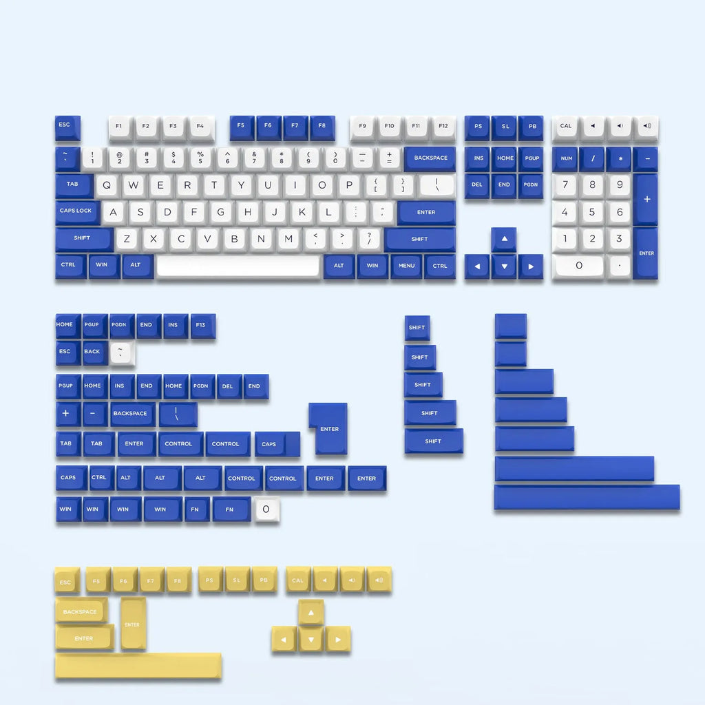 189-key PBT keycap set in Klein Blue, compatible with MX mechanical switches, featuring secondary forming legends