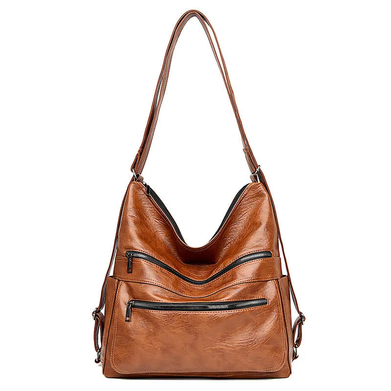 Double zipper shoulder bag for women with adjustable strap, large vertical shape, PU leather, pleated stitching, wine red colour