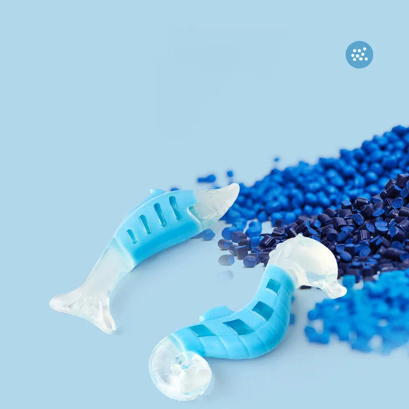 PU nylon dog chew toy combination set showing seahorse and tuna designs with squeakers
