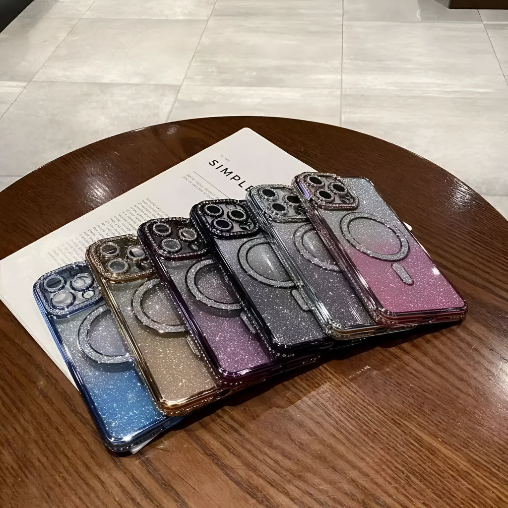 Rhinestone glitter magnetic phone case for Apple iPhone in black, pink, silver, blue, gold, and purple.