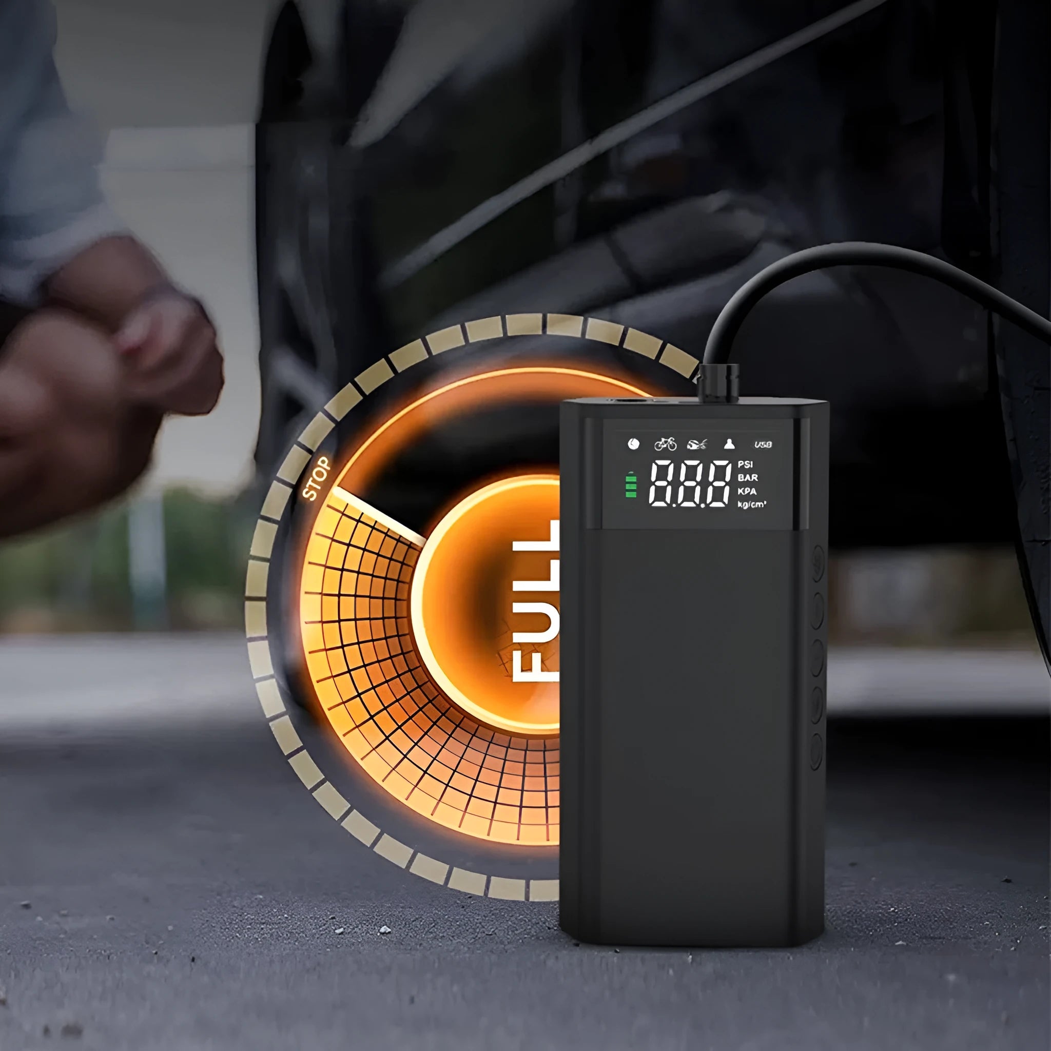 Car portable wireless intelligent digital display tire inflator pump with LED light and warning light