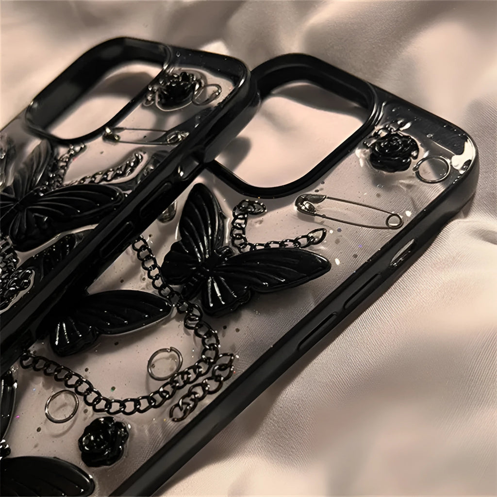 Black silicone phone case with three-dimensional butterfly design for Apple iPhone drop protection
