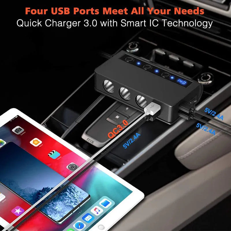 Car charger with cigarette lighter socket, one-for-three, QC3.0, 70cm cable, black or red, ABS body, 295g