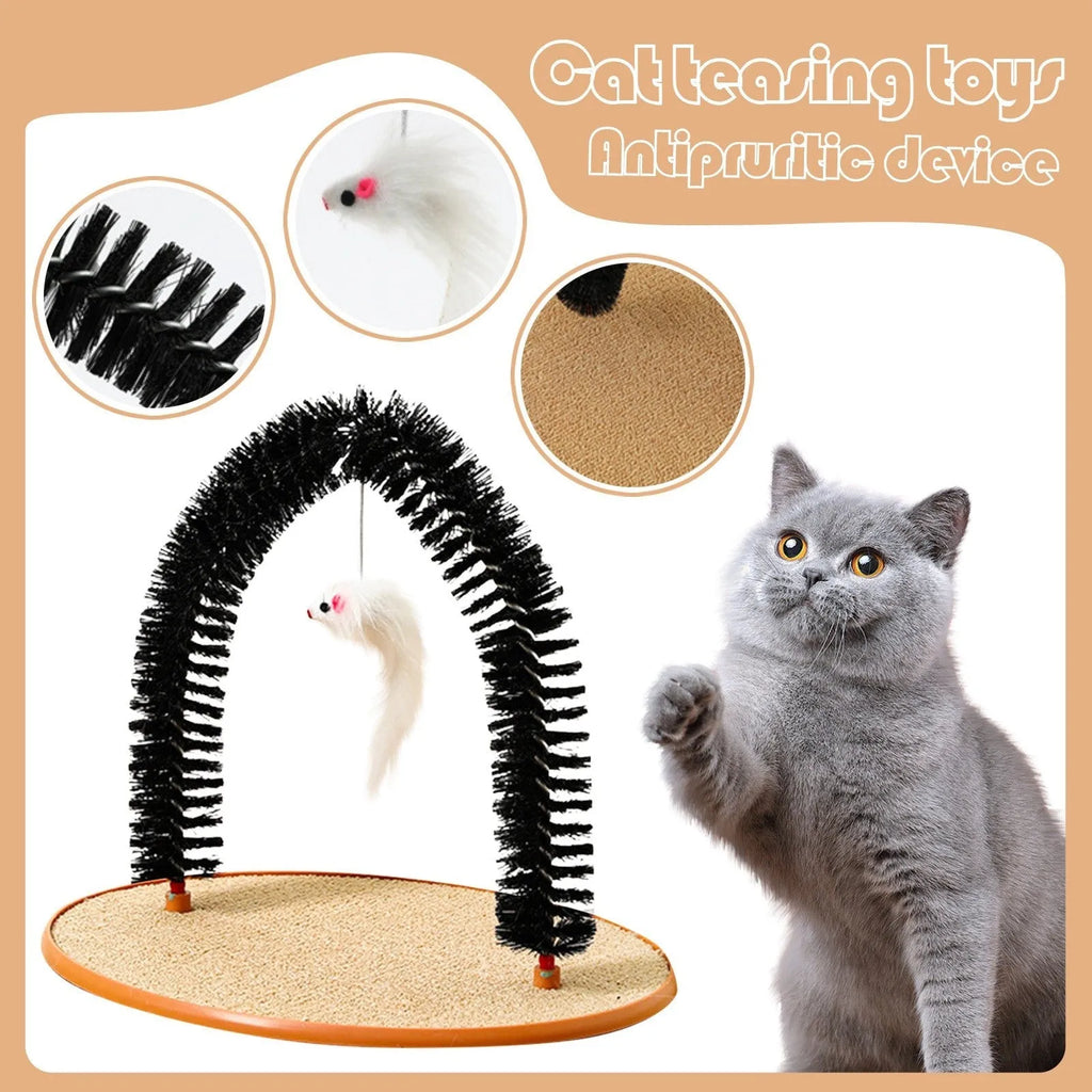 Black arch-shaped cat scratch post with rubbing surface and attached plush mouse toy
