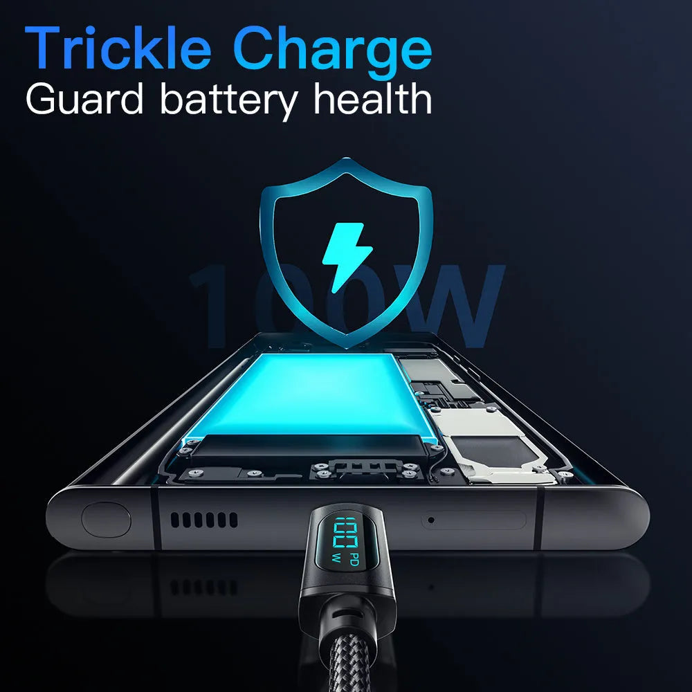 100W USB C fast charging data cable with digital display, aluminum alloy and braided wire, black, 1m and 2m lengths.