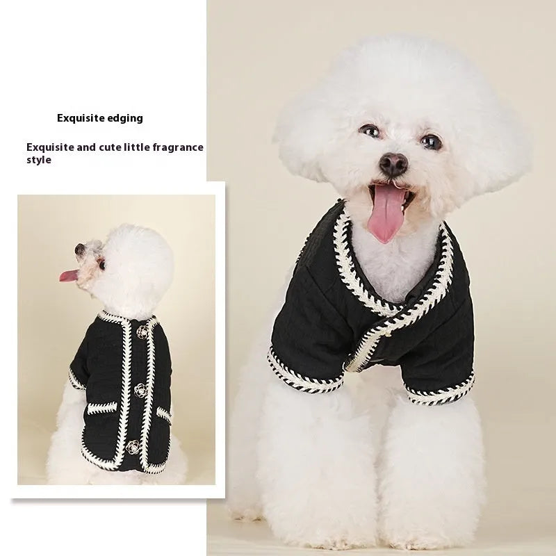 Dog wearing quilted polyester coat in cartoon style design available in three colours