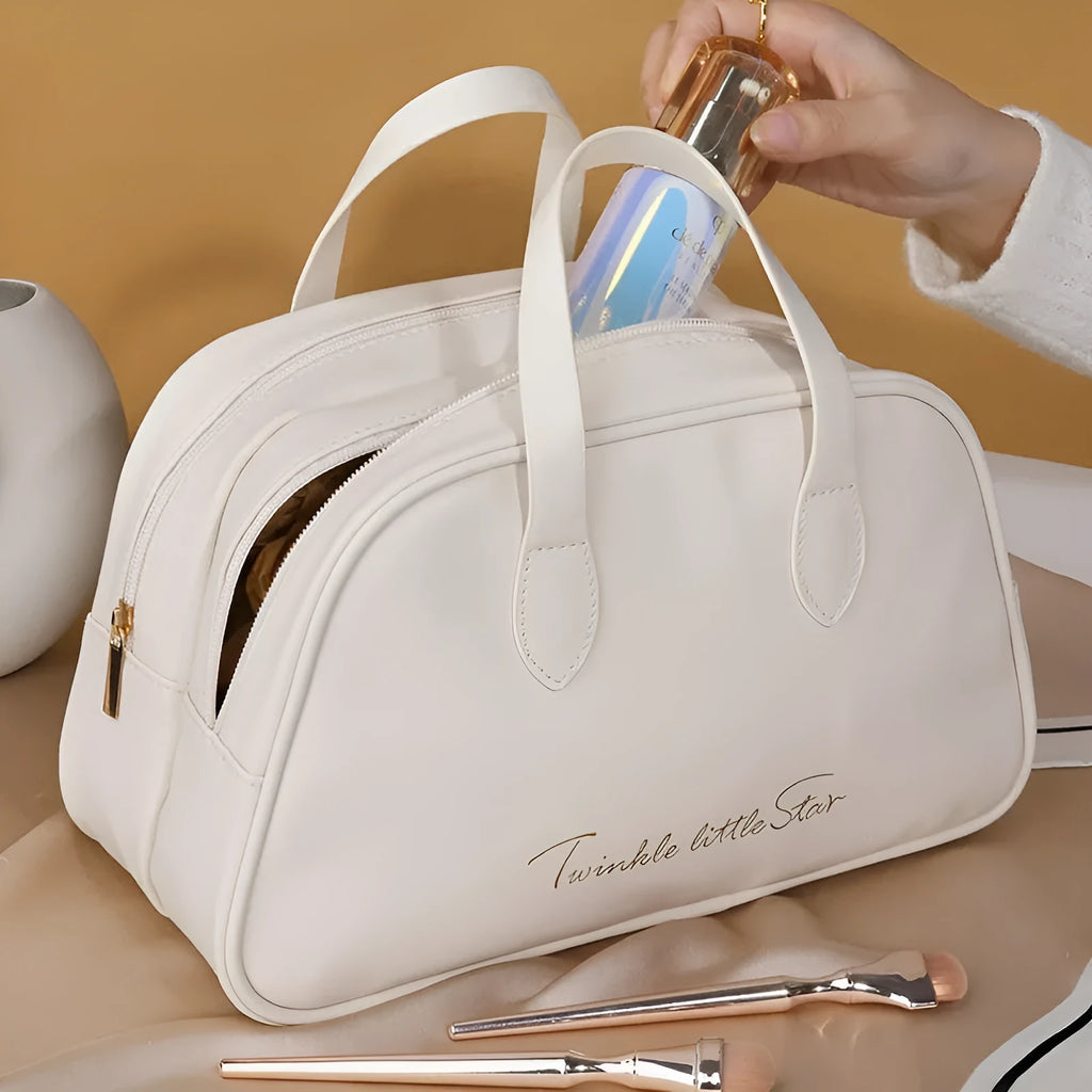 Leather travel toiletry bag in caramel mocha colour with dry wet separation compartments