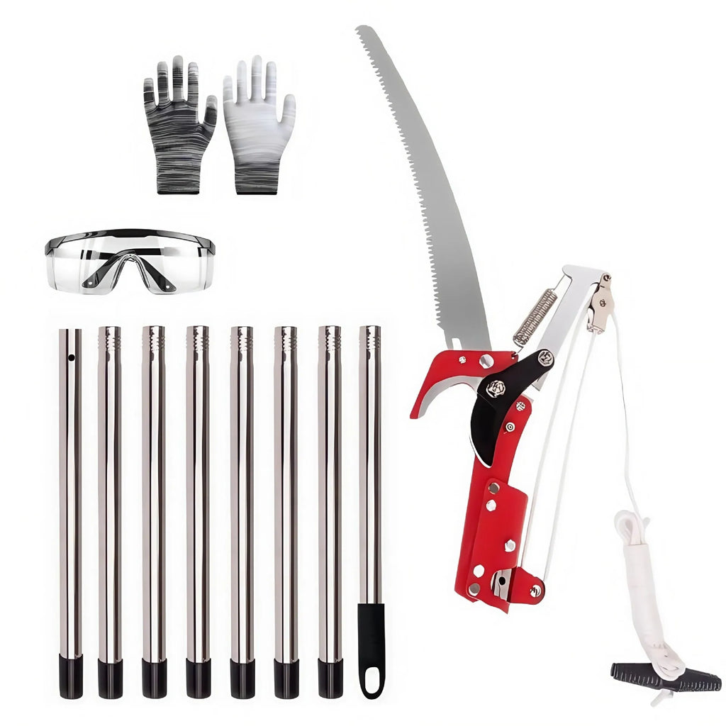 Pull rope pruning shears with 8-section assembly extended to 3.3 metres for high branch cutting