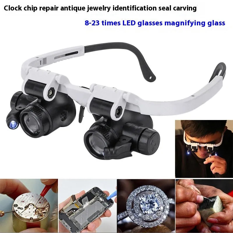 White foldable head-mounted magnifying glass with LED light for 30X precision repair work.