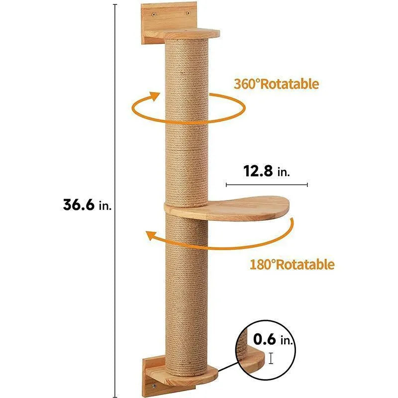Wooden wall-mounted cat climbing frame with sisal rope scratching post and elevated platform