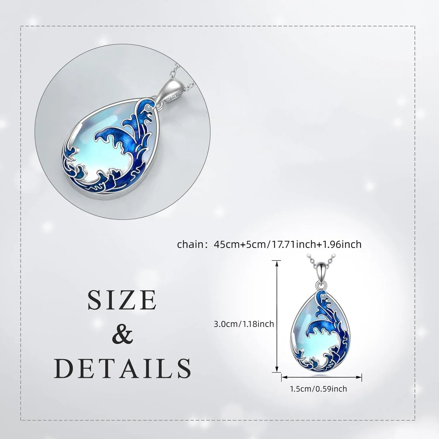 Moonstone blue heart-shaped alloy pendant on a women's necklace.